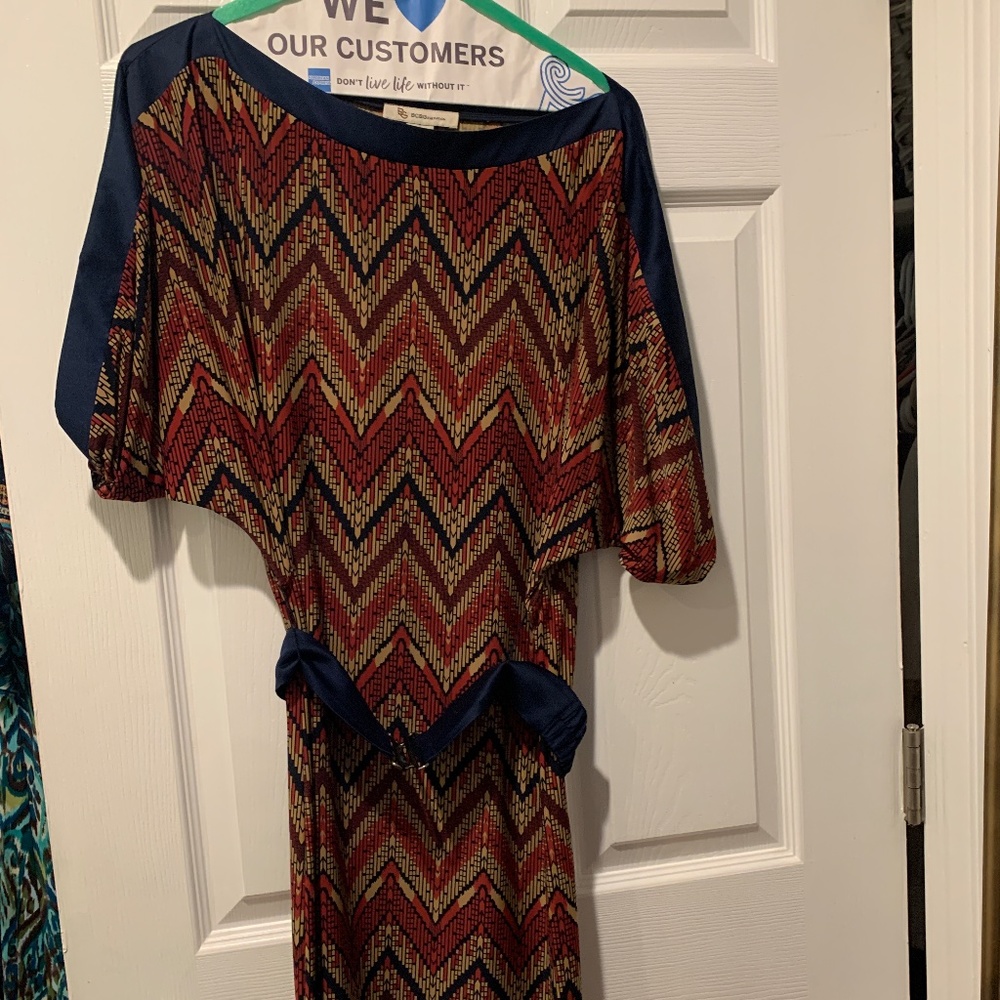 Boat neck, navy blue multi/burgundy/gold colors, knee length dress